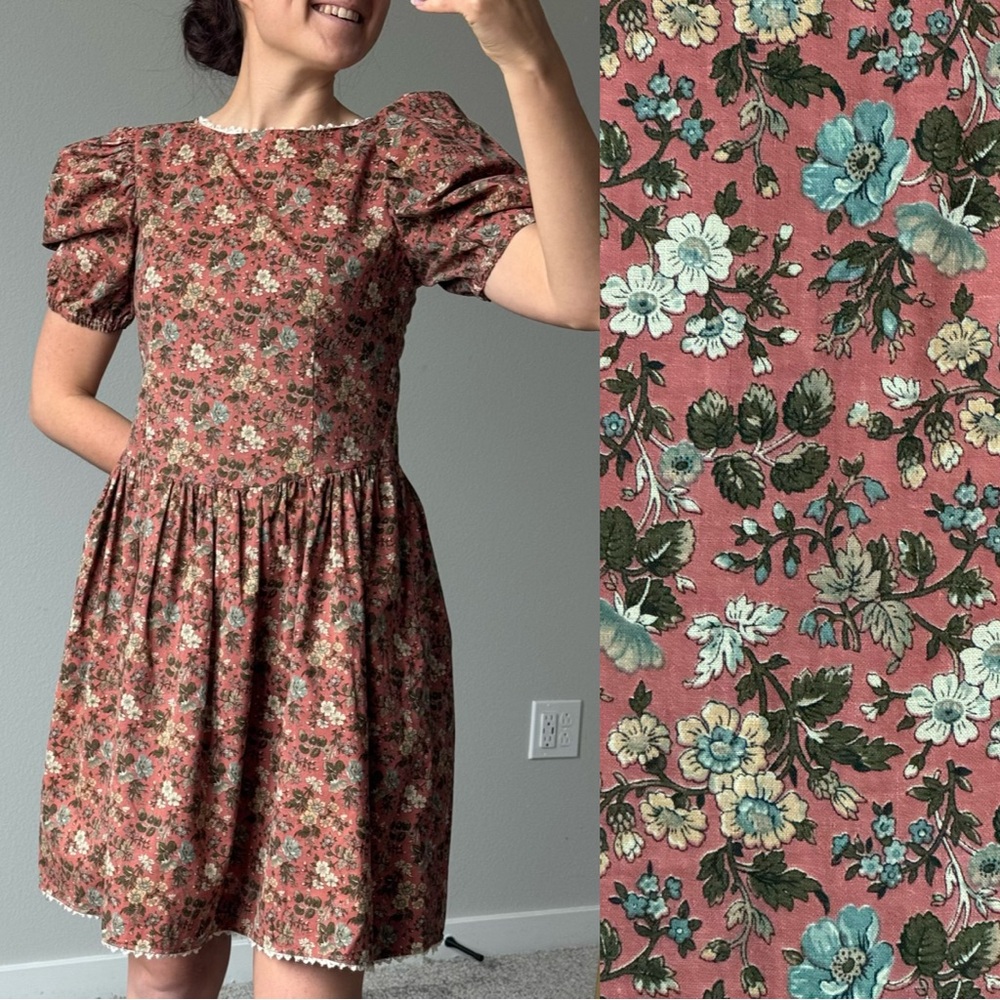 Vintage Handmade Prairie Floral Cotton Dress Puff Sleeve Cottagecore Women’s S/M